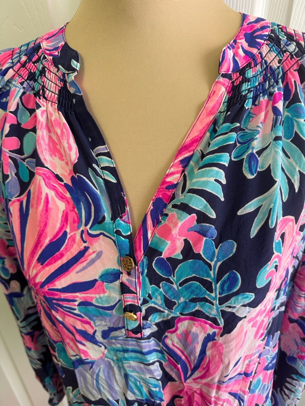 Lilly Pulitzer Navy Blouse with Pink & Teal Floral Print - Picture 2 of 7